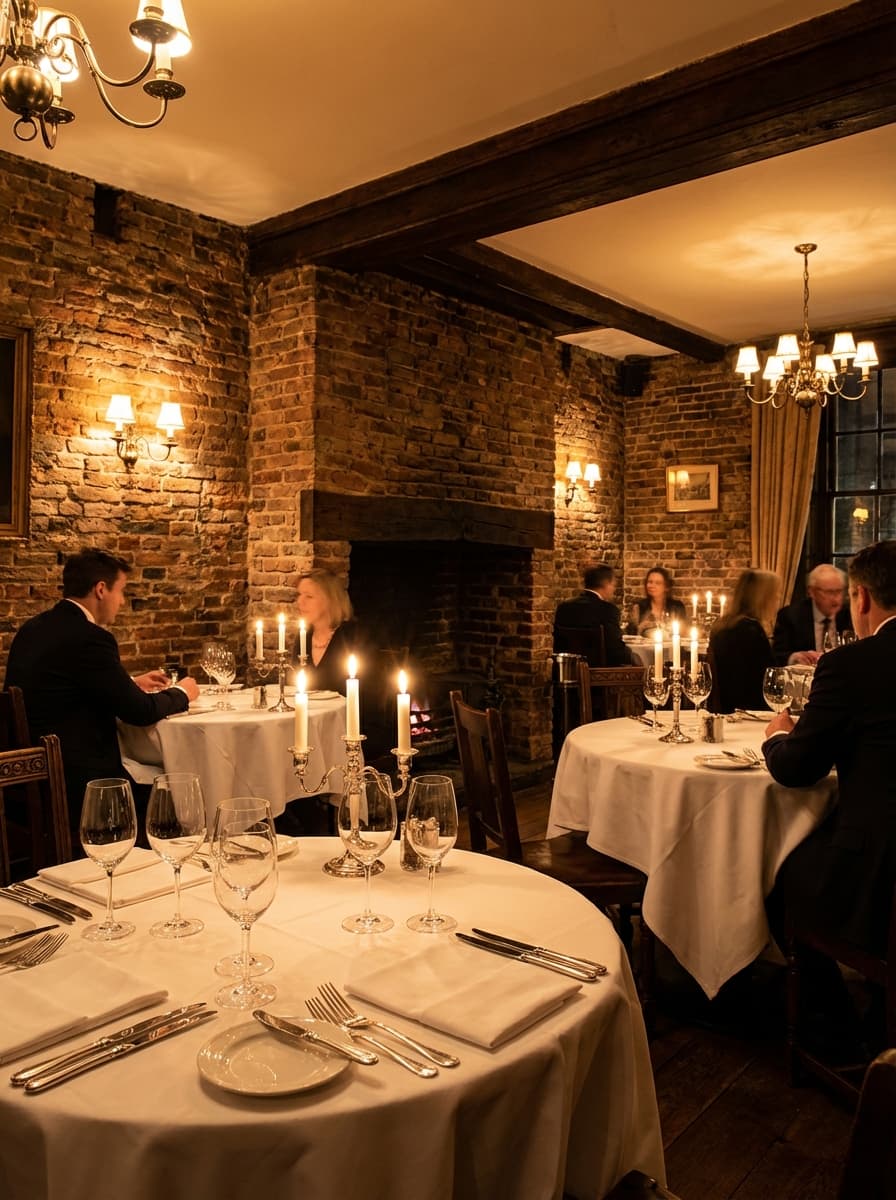 Beautifully restored 19th-century townhouse dining room with candlelight and exposed brick