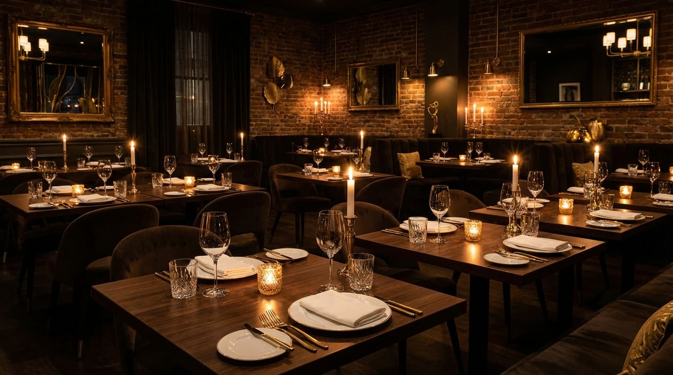 Elegant fine dining restaurant interior with warm candlelight
