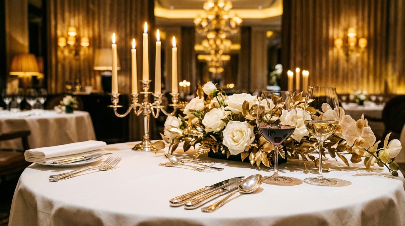 Elegant table setting with crystal glasses and candlelight
